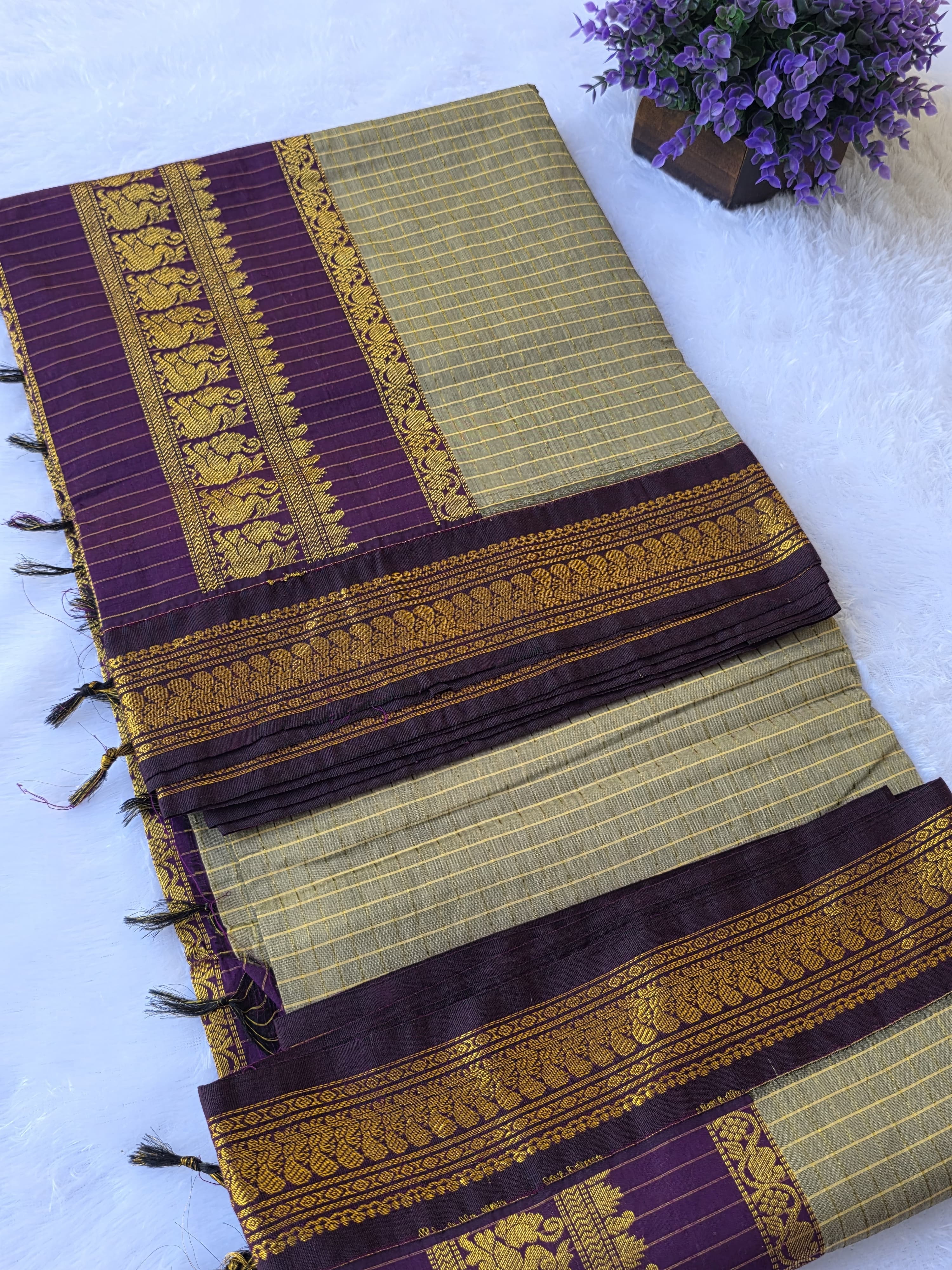 Kalyani Cotton Saree — Rust Orange & Green