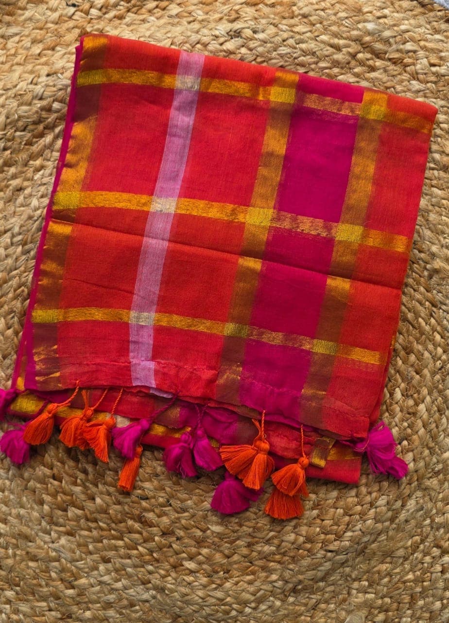 Mul Cotton Saree — Pink & Orange Checks