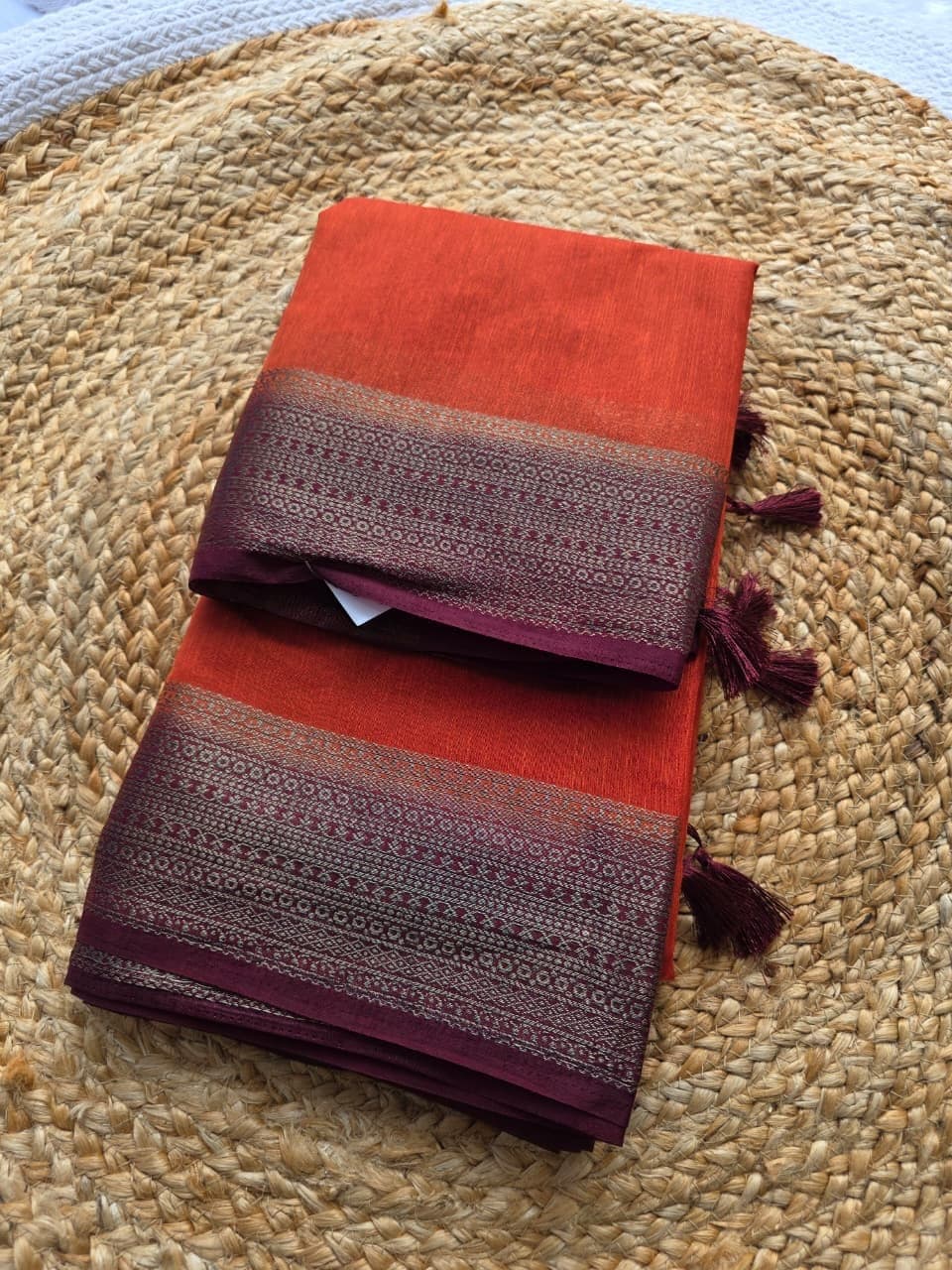 Jute Silk Saree — Rust Orange & Wine