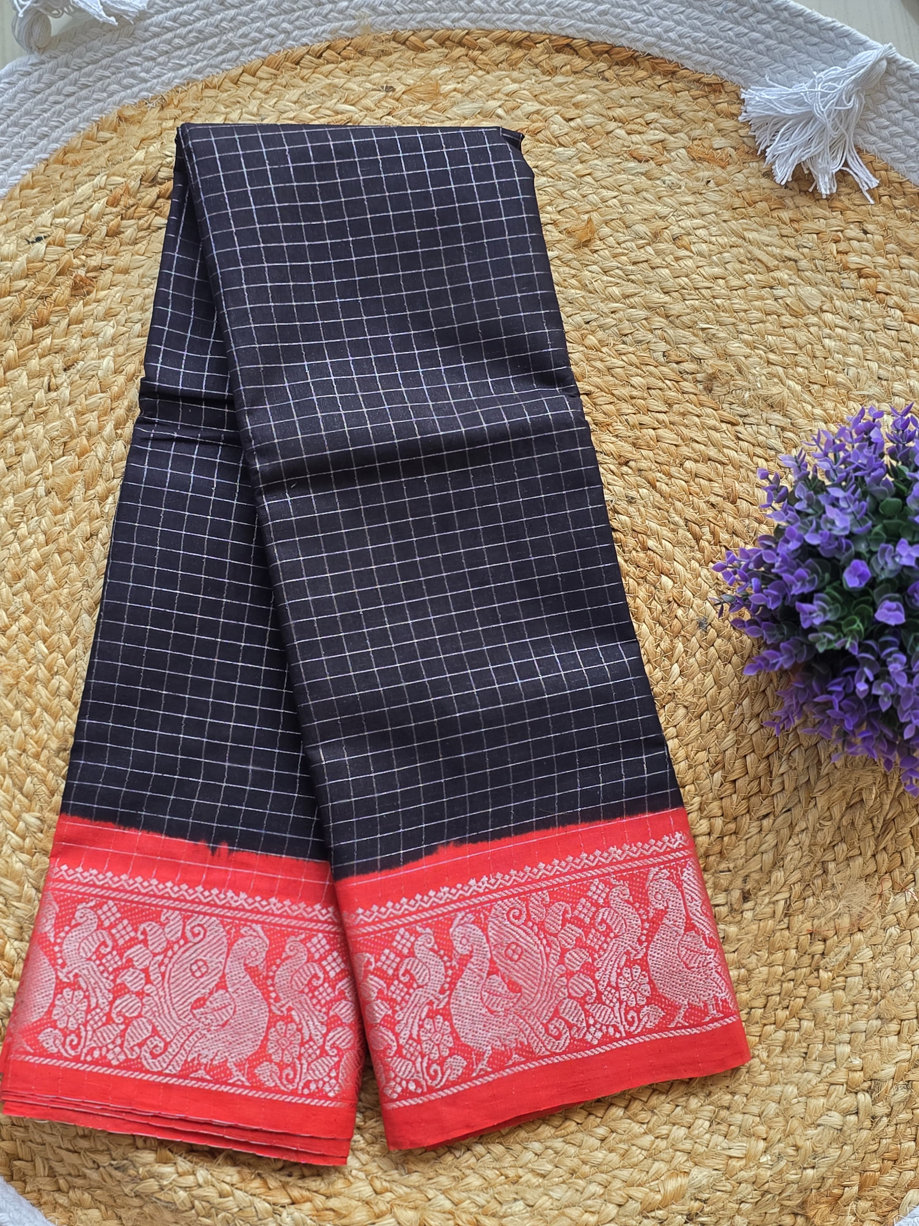 Sungudi Cotton Saree — Dark Green & Red
